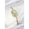 316L Çelik Zincir Turkuaz Mineli Sanatsal Portre İnci Detaylı Papatya Model Gold Renk Kadın Bileklik
