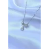 316L Çelik Zincirli Gümüş Renk Zirkon Taşlı Damla Detay Fiyonk Model Kolye