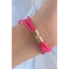 Pembe Renk Zirkon Taşlı Deri Çoklu Bileklik