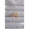Pirinç Ayarlamalı Gold Renk Zirkon Taşlı 2li Görünüm Fiyonk Yüzük