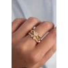 Pirinç Ayarlamalı Gold Renk Zirkon Taşlı 2li Görünüm Fiyonk Yüzük