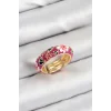 Pirinç Fuşya Mineli Çiçek Motifli Gold Renk Ayarlanabilir Kadın Yüzük