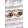 Pirinç Gold Renk Halka Model Kahverengi Boncuk Detay Kadın Küpe