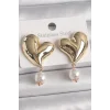 Pirinç Gold Renk Kalp Model Sallantı İnci Detay Kadın Küpe