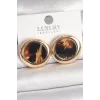 Pirinç Gold Renk Leopar Desen Daire Model Kadın Küpe