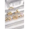 Pirinç Gold Renk Pembe Damla Mineli Sarmal İşleme Detaylı 6Lı Kadın Yüzük Seti
