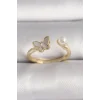 Pirinç Gold Renk Zirkon Taş Detaylı Beyaz Mineli Kelebek Model İnci Detay Ayarlanabilir Yüzük