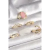 Pirinç Gold Renk Zirkon Taş Detaylı Pembe Mineli 6Lı Kadın Yüzük Seti
