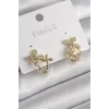 Pirinç Gold Renk Zirkon Taşlı 2Li Çiçek Model Kadın Küpe