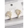 Pirinç Gold Renk Zirkon Taşlı Çiçek Model Sallantı Damla Detay Kadın Küpe