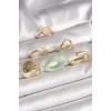 Pirinç Gold Renk Zirkon Taşlı Daire Pembe Mineli Detay 6Lı Kadın Yüzük Seti