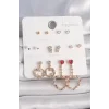 Pirinç Gold Renk Zirkon Taşlı Sallantı Kalp Figür 7 Çift Kadın Küpe Seti