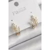 Pirinç Gold Renk Zirkon Taşlı Yaprak Model İnci Detay Küpe
