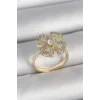 Pirinç Gold Renk Zirkon Taşlı Yonca Model Ayarlanabilir Kadın Yüzük