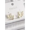 Pirinç Gümüş Renk Zirkon Taş Detaylı Beyaz Sedefli Kelebek Model Kadın Küpe
