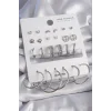 Pirinç Gümüş Renk Zirkon Taşlı 12 Çift Kadın Küpe Seti