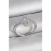 Pirinç Gümüş Renk Zirkon Taşlı Beyaz Mineli Yonca Model Ayarlanabilir Kadın Yüzük