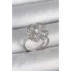 Pirinç Gümüş Renk Zirkon Taşlı Yonca Model Ayarlanabilir Kadın Yüzük