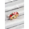 Pirinç Kırmızı Mineli Çiçek Motifli Gold Renk Ayarlanabilir Kadın Yüzük