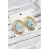 Pirinç Mermer Desenlli Mavi Sedef Oval Vintage Model Gold Renk Kadın Küpe