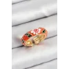 Pirinç Turuncu Mineli Çiçek Motifli Gold Renk Ayarlanabilir Kadın Yüzük