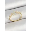 Pirinç Yaprak Figürlü Zirkon Taşlı Gold Renk Ayarlanabilir Kadın Yüzük