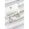Pirinç Zirkon Taşlı Kalp Model Gümüş Renk 3lü Çift Kadın Küpe Set
