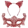 Romantik Kırmızı Dantel Maske Seti – Kedi Kulaklı Taç Ve Maske 3 No