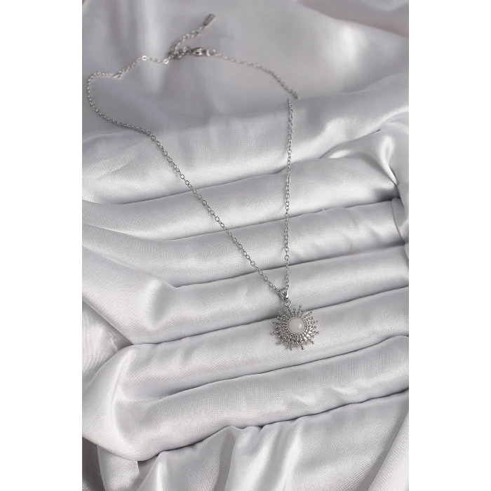 316L Çelik Gümüş Renk Zincir Beyaz Mineli Güneş Model Kadın Kolye