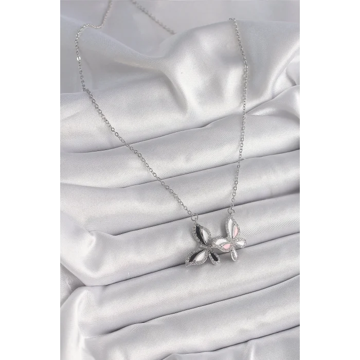 316L Çelik Gümüş Renk Zincir Zirkon Taşlı Renkli Kelebek Model Kadın Kolye