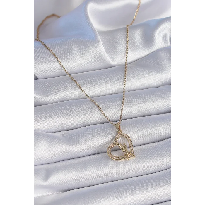 316L Çelik Zincir Gold Renk Zirkon Taşlı Kalp Model Melek Detay Kadın Kolye
