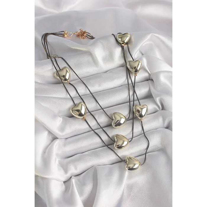 Pirinç Füme Renk Zincir 3D Gold Renk Kalp Model Kadın Kolye