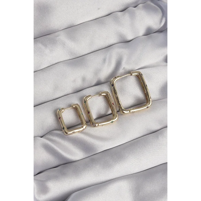Pirinç Gold Renk Renkli Zirkon Taşlı Kare Model Küpe Seti