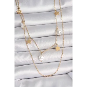 316L Çelik Gold Renk 2Li Zincir Sallantı Yıldız İnci Model Kadın Kolye