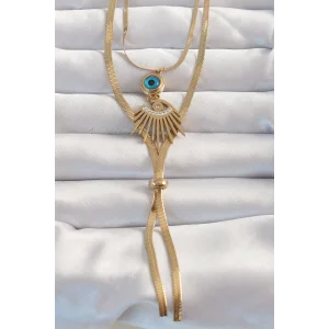 316L Çelik Gold Renk Zirkon Taşlı Göz Detay Nazarlı Uzun Asansör Model Kolye