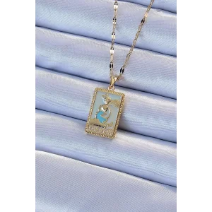 316L Çelik Zincir Altın Renk Mavi Mineli Tarot Kolye