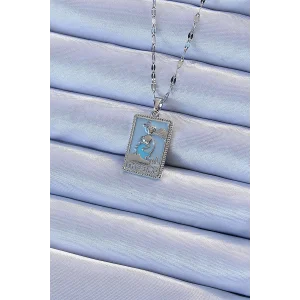 316L Çelik Zincir Gümüş Renk Mavi Mineli Tarot Kolye