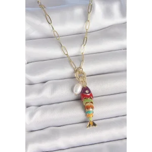 İnci Detaylı Zirkon Taşlı Rainbow Balık Figürlü Gold Renk Pirinç Kolye