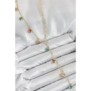 Pirinç Asorti Kalp Model Gold Renk Zirkon Taşlı Y Kolye