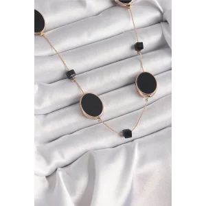 Pirinç Gold Renk Siyah Renk Oval Siyah Küp Detay Kadın Kolye