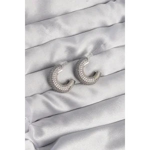 Pirinç Gümüş Renk Zirkon Taşlı Yarım Halka Küpe