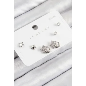 Pirinç Zirkon Taşlı Yıldız Model Gümüş Renk 925 Ayar Gümüş Çivi Kadın Küpe Set