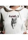 Gri Kedi Baskılı Kapşonlu Hoodie, Kedi Baskılı Sweatshirt, ANIMAL Koleksiyonu