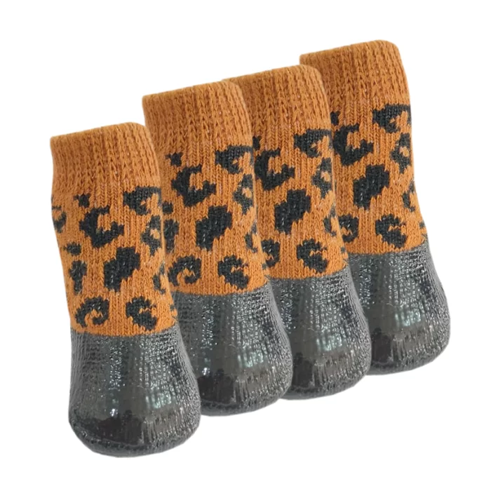 Kedi Köpek Ayakkabı Çorap Nitril Kaplı Örme Kışlık Çorap Leopar Desen BR15