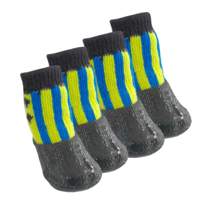 Kedi Köpek Ayakkabı Çorap Nitril Kaplı Örme Kışlık Çorap Sarı Mavi Desen BR15