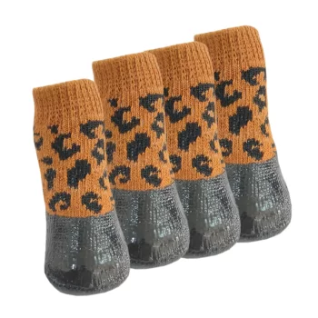 Kedi Köpek Ayakkabı Çorap Nitril Kaplı Örme Kışlık Çorap Leopar Desen BR15