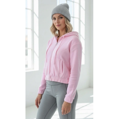 3 iplik şardonlu Kapşonlu fermuarlı kısa üst pembe pat8590