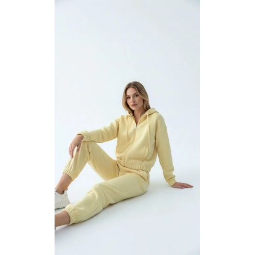 3 iplik şardonlu Kapşonlu fermuarlı kısa üst sarı pat8590