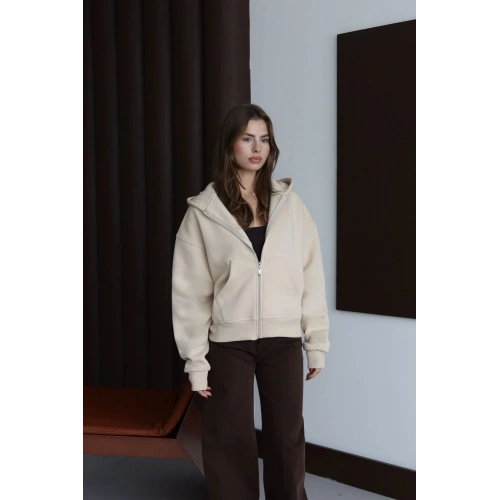 3 iplik şardonlu kapşonlu hoodie frm bej p510437