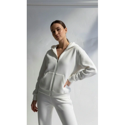 3 iplik şardonlu kapşonlu hoodie frm beyaz p510437